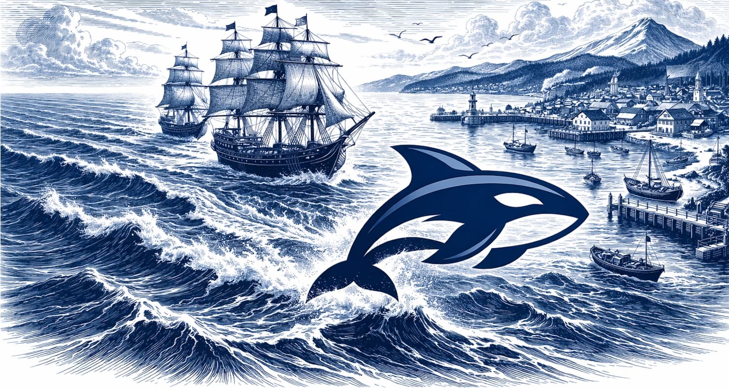 Portsie — nautical illustration with orca and port scene